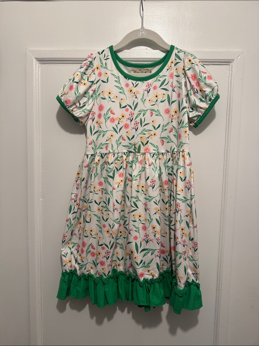 Girls' White Floral Dress with Green Trim - Picture 1 of 4